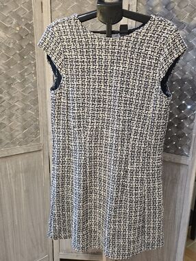Ann Taylor Navy and White Tweed Cap-Sleeve Shift Dress